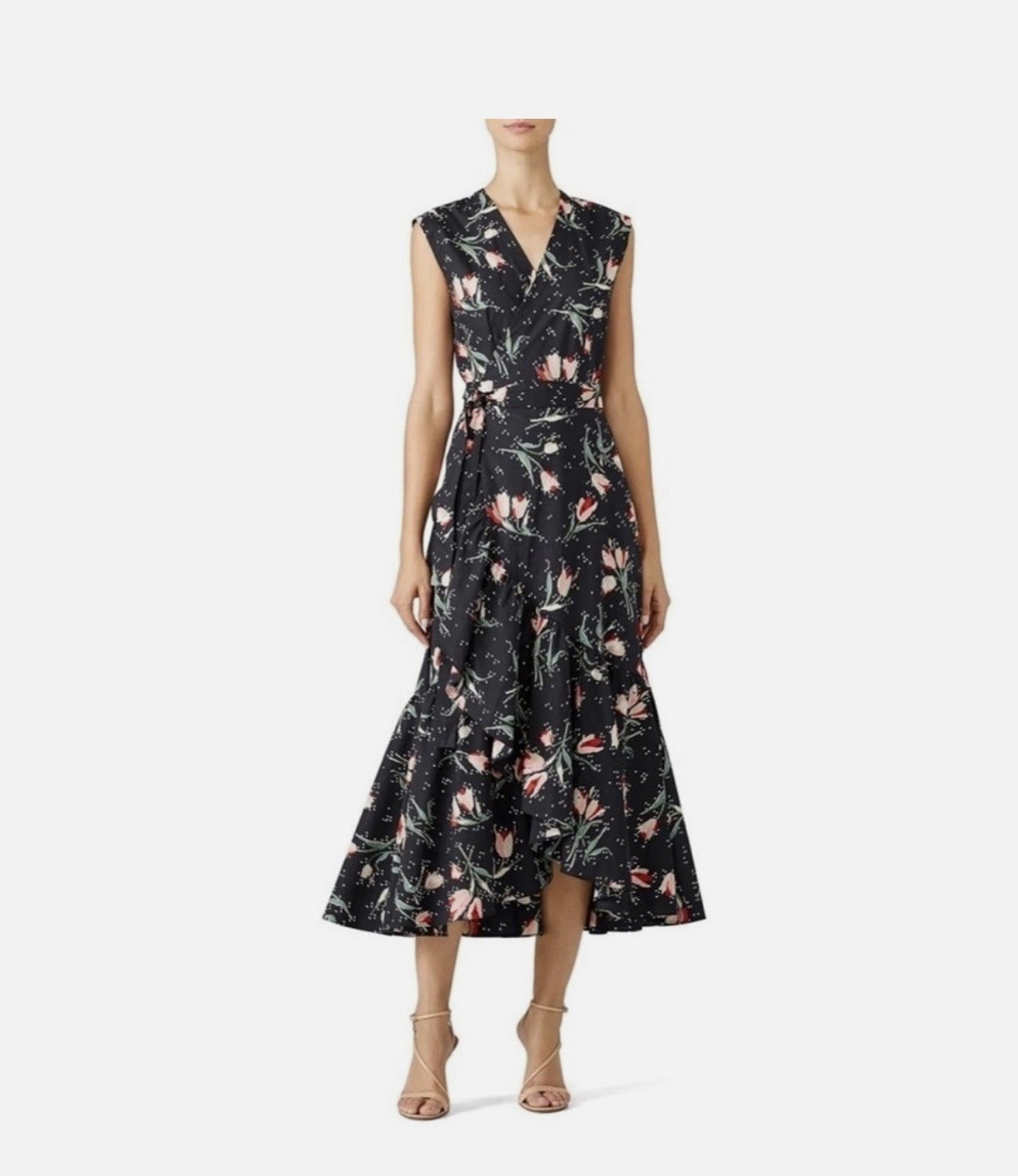 Rebecca Taylor Ikat Tulip Wrap Dress Tie Waist Black Floral Poplin Ruffles Sz 2